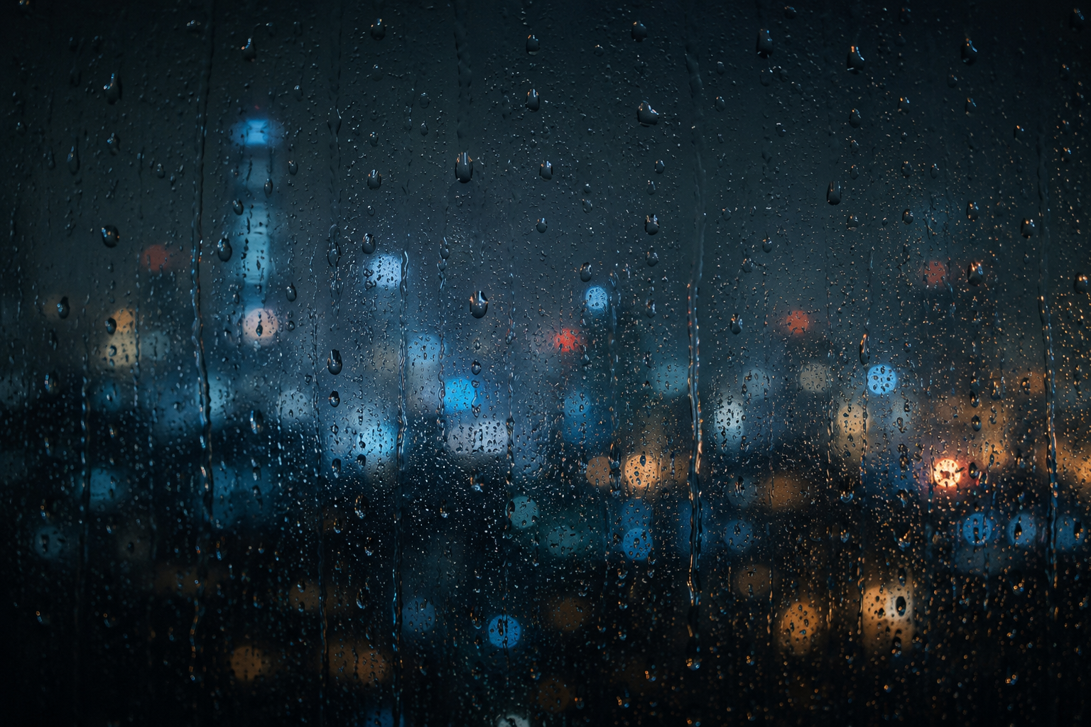 Rain on glass with city lights